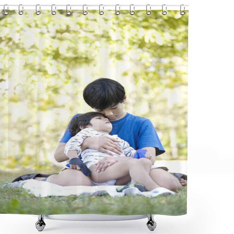 Personality  Older Brother Comforting Little Boy Shower Curtains