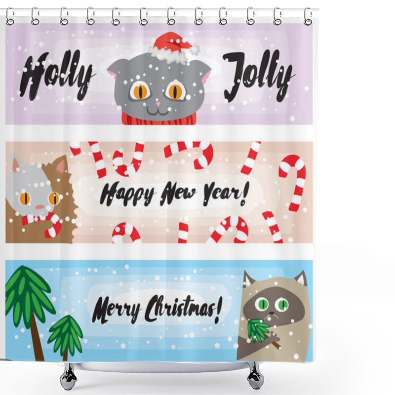 Personality  Vector Christmas Banners With Funny Cats. Cute Kittens New Years Background Collection. Cartoon Holiday Template For Your Design. Illustrted Banners For Website Shower Curtains