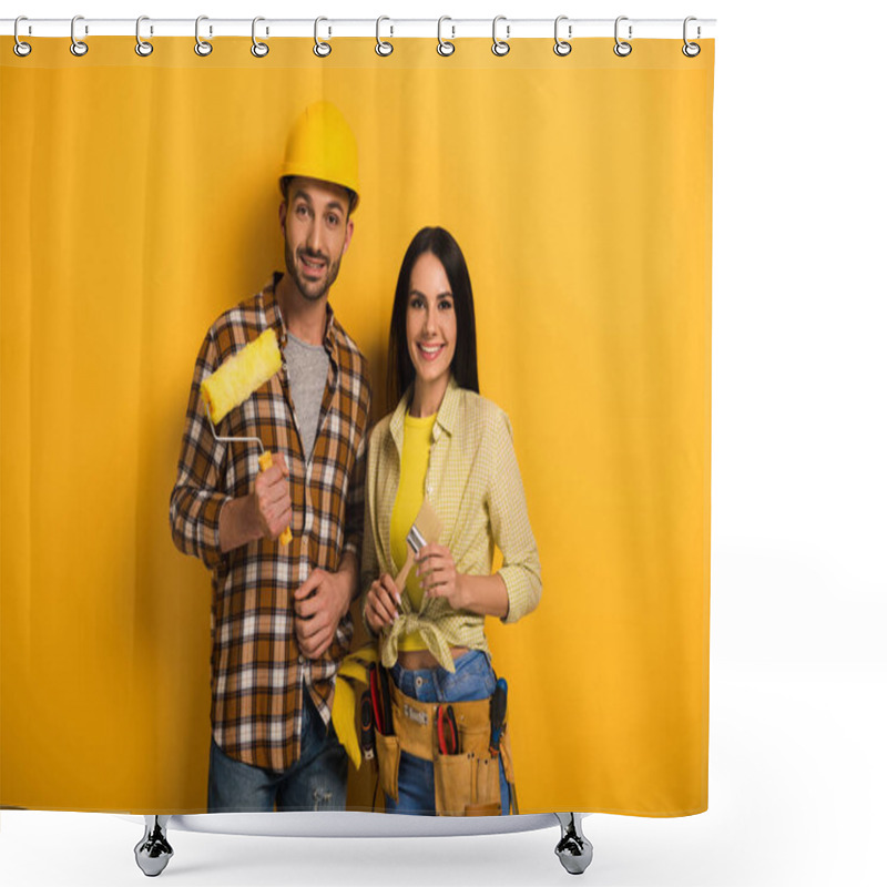 Personality  Professional Smiling Manual Workers Holding Paint Roller And Brush On Yellow      Shower Curtains