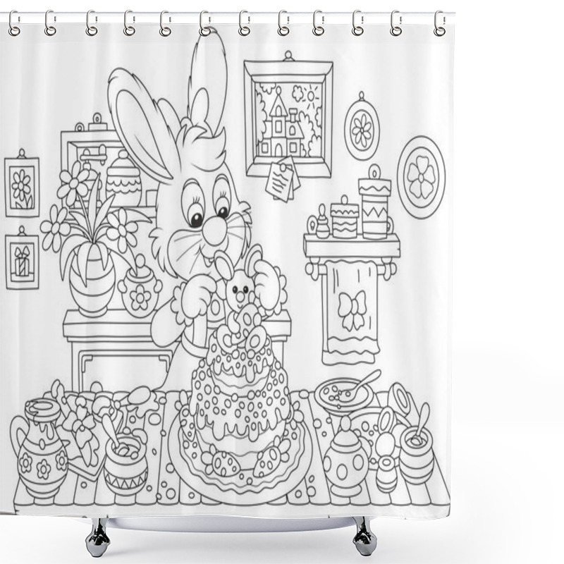 Personality  Little Bunny Decorating A Fancy Cake To Easter, A Black And White Vector Illustration In Funny Cartoon Style For A Coloring Book Shower Curtains