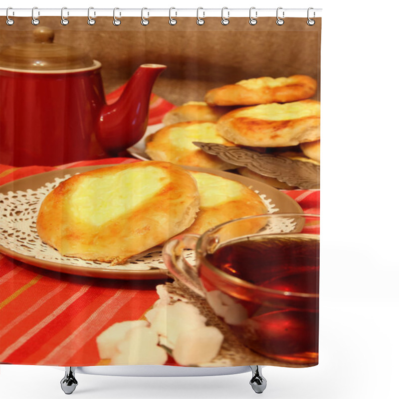 Personality  Tea With Freshly Baked Cheesecake With Cream Cheese Shower Curtains