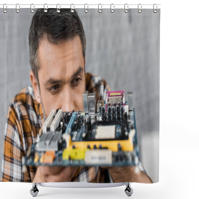 Personality  Close-up Portrait Of Handsome Computer Engineer With Motherboard Shower Curtains