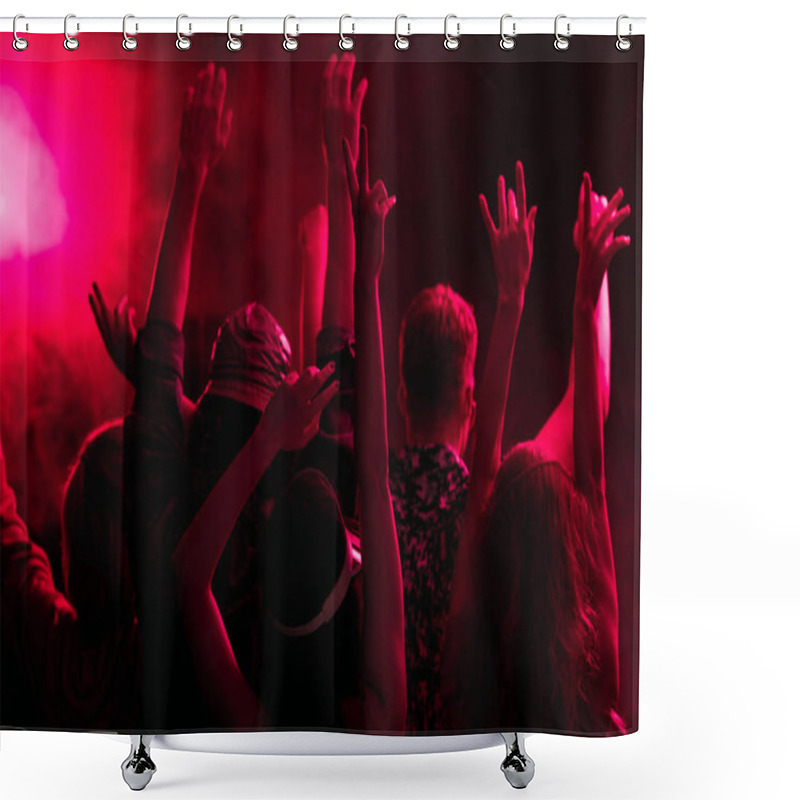 Personality  Back View Of People With Raised Hands During Rave Party In Nightclub With Pink Lighting Shower Curtains