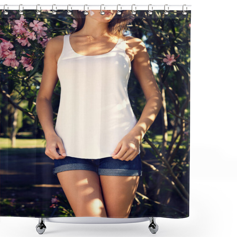 Personality  Girl Wearing Blank Vest Shower Curtains