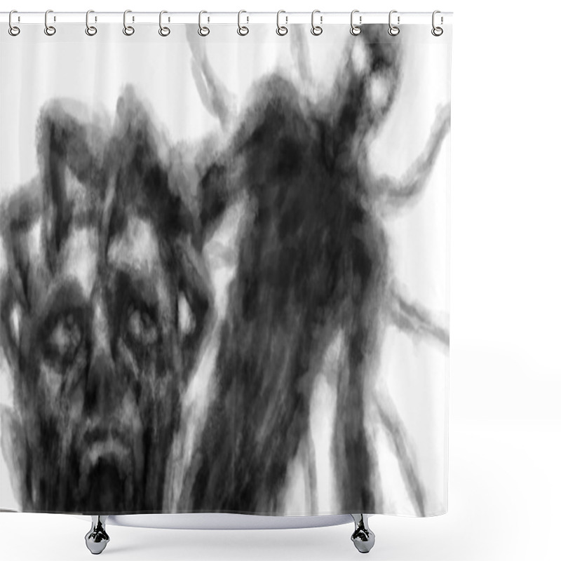 Personality  Darkness Is Coming. Dark Silhouette Of A Monster With Tentacles Behind Its Back. Black And White Illustration In Horror And Fiction Genre With Coal And Noise Effect. Shower Curtains