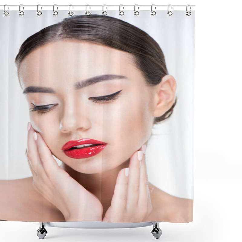 Personality  Woman With Red Lips Touching Face Shower Curtains