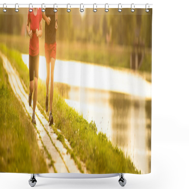 Personality  Couple Running Outdoors, At Sunset, By A River Shower Curtains