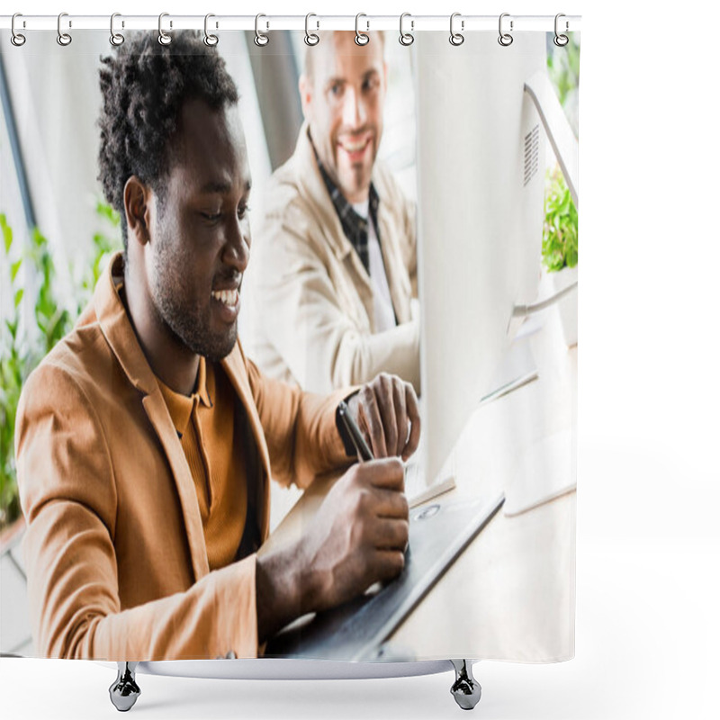 Personality  Selective Focus Of African American Businessman Using Tablet While Sitting Near Colleague In Office Shower Curtains