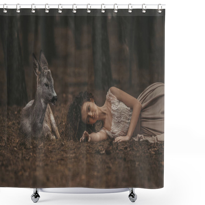 Personality  Beautiful Woman With Deer Photoshoot Shower Curtains