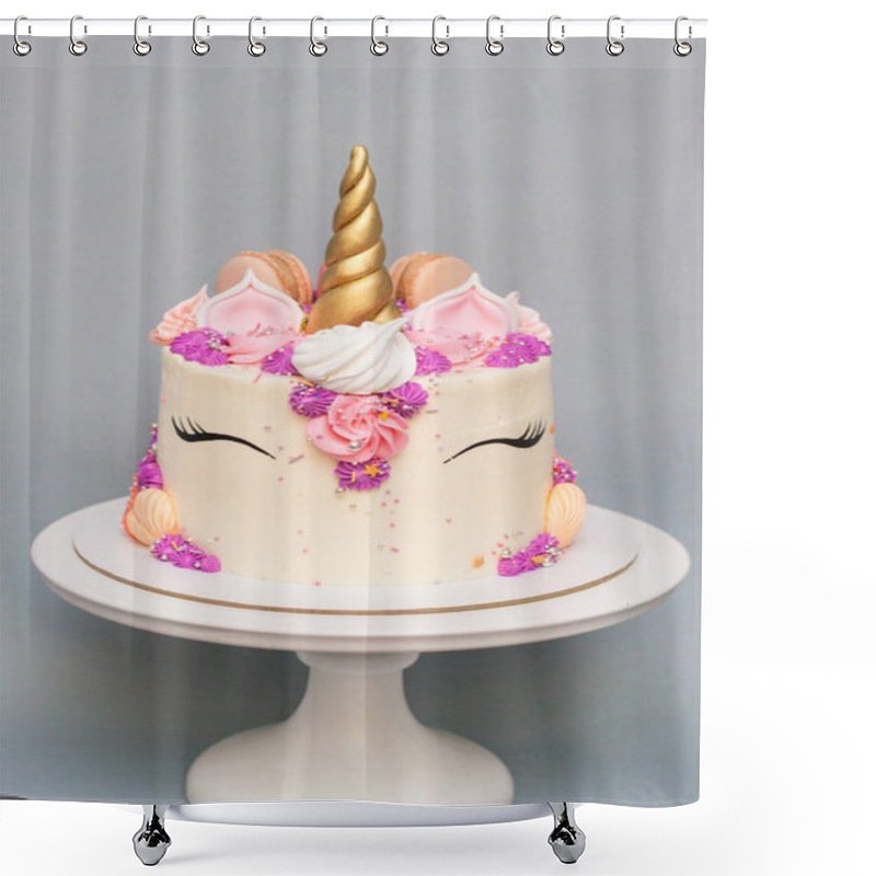 Personality  Unicorn Cake With Golden Horn, Pink, Violet And Peach Cream Cheese Decoration On Grey Background Shower Curtains