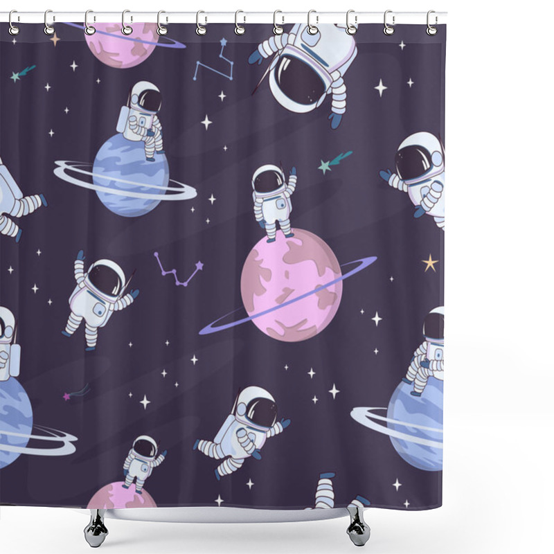 Personality  Sweet Space Seamless Pattern With Fantasy Chocolate Cookie, Candy, Donut, Caramel Sweets Planets And Astronaut. Editable Vector Illustration Shower Curtains