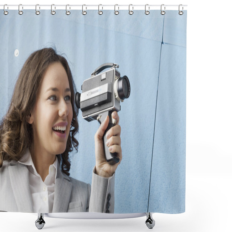 Personality  Woman Is Recording With An Old Camera Shower Curtains