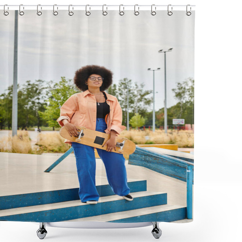 Personality  A Young African American Woman With Curly Hair Confidently Holds A Skateboard While Standing On Steps Outdoors. Shower Curtains