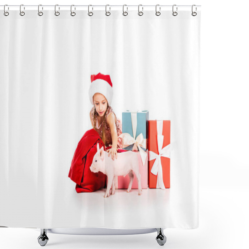 Personality  Cute Happy Child In Santa Hat Stroking Pig And Sitting Near Christmas Presents Isolated On White Shower Curtains