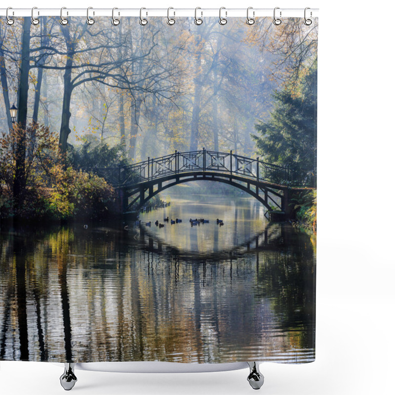 Personality  Autumn - Old Bridge In Autumn Misty Park Shower Curtains