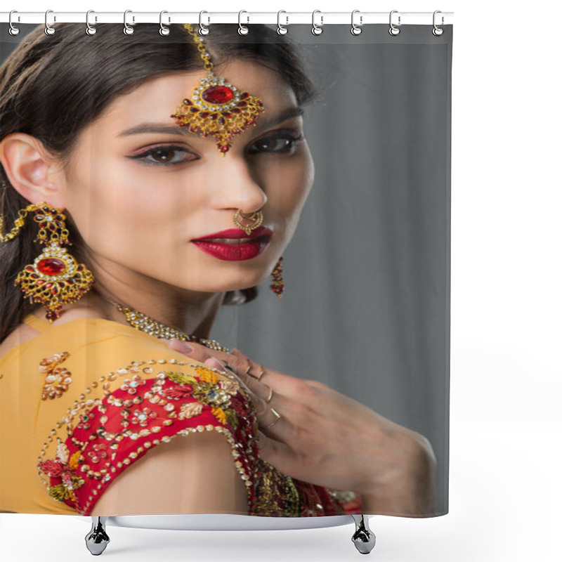 Personality  Indian Woman Posing In Traditional Sari And Bindi, Isolated On Grey  Shower Curtains