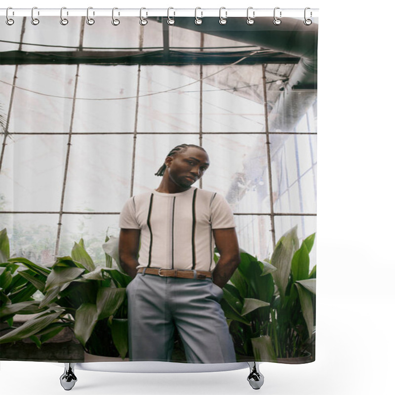 Personality  A Sophisticated African American Man Standing In A Greenhouse Filled With Vibrant Greenery. Shower Curtains