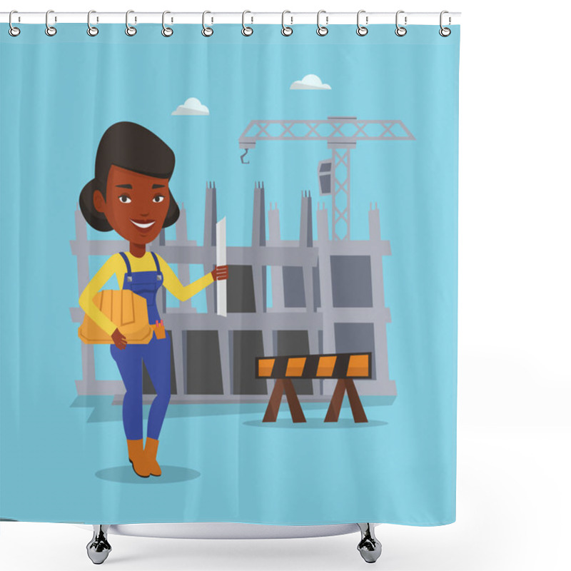 Personality  Engineer With Hard Hat And Blueprint. Shower Curtains