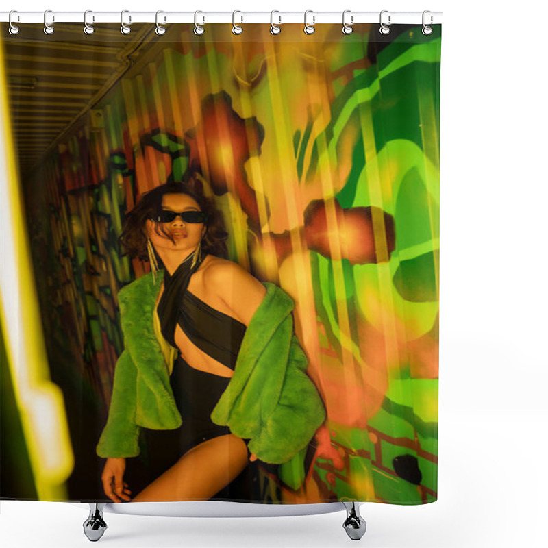 Personality  Sexy Asian Woman In Sunglasses And Fake Fur Jacket Standing Near Graffiti In Night Club Shower Curtains