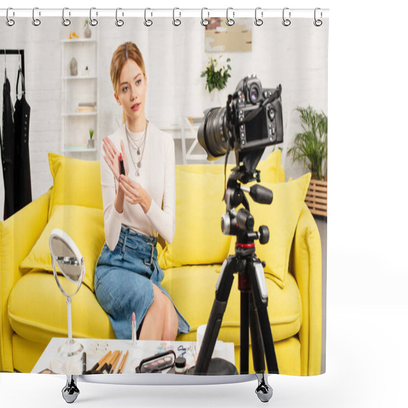 Personality  Beauty Blogger Holding Lipstick In Front Of Video Camera Shower Curtains