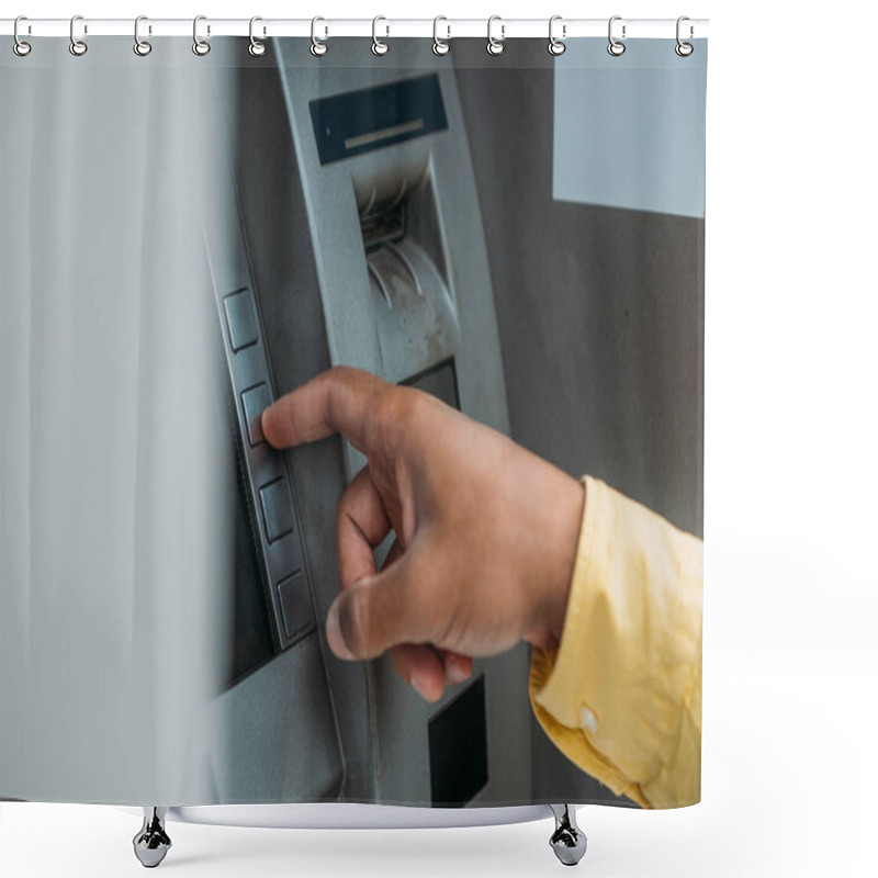 Personality  Cropped View Of Bi-racial Man Pressing Button On Atm Machine  Shower Curtains