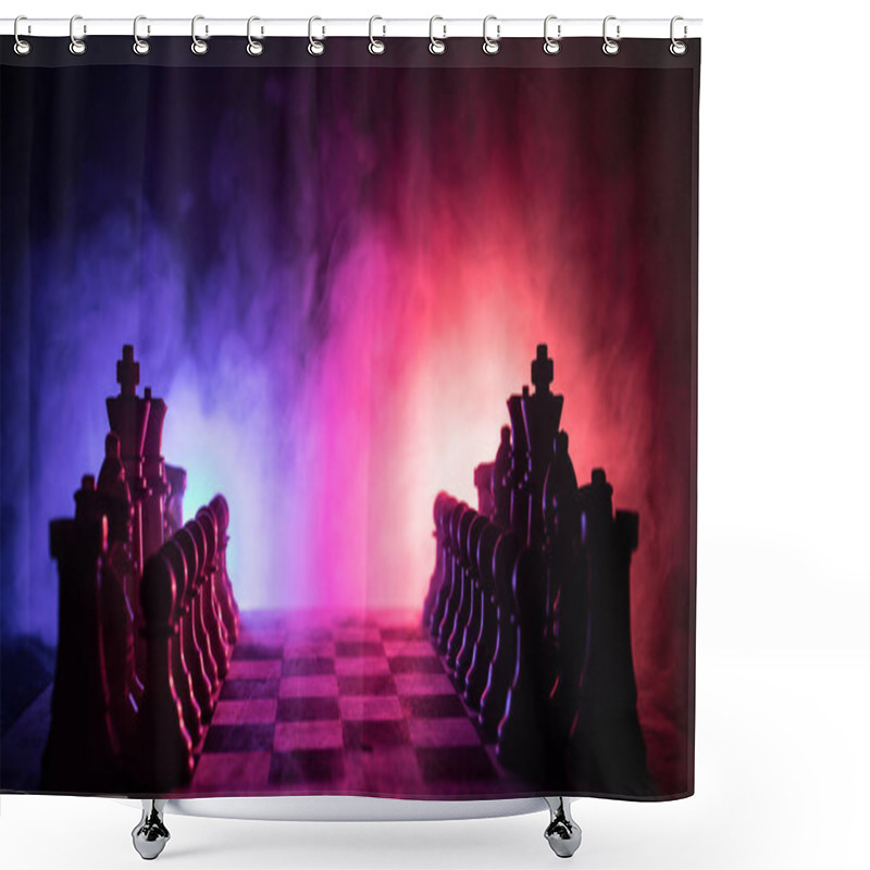 Personality  Chess Board Game Concept Of Business Ideas And Competition And Strategy Ideas Concep. Chess Figures On A Dark Background With Smoke And Fog. Business Leadership And Confidence Concept. Shower Curtains