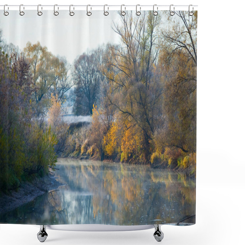 Personality  Scenic Autumn Landscape  Oak Grove With Yellowed Leaves Near The River, Frost On The Grass On A Cold Morning Shower Curtains