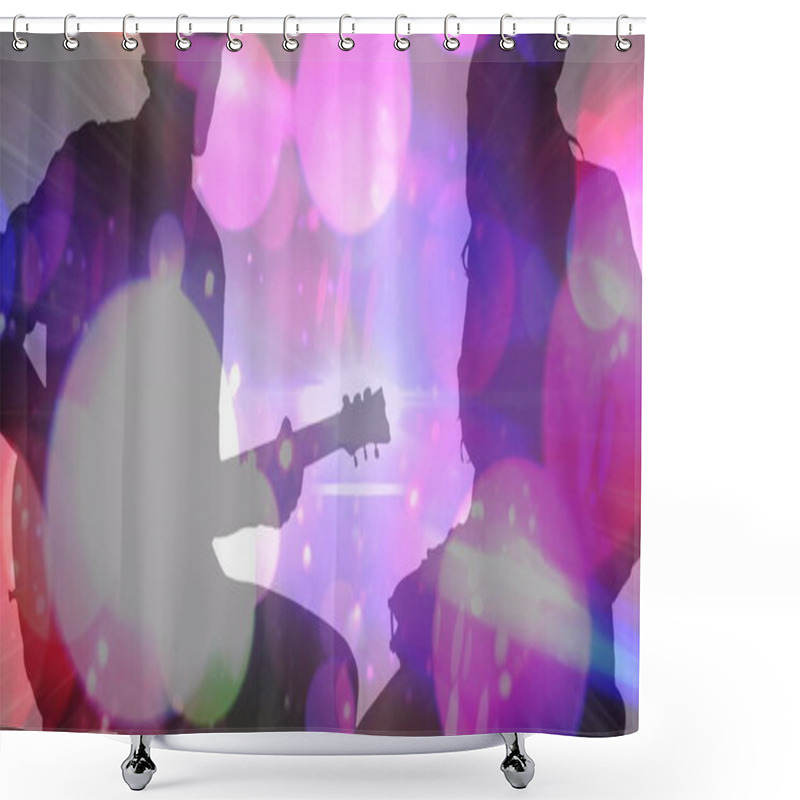 Personality  Image Of Colourful Spots Moving Over Silhouette Of Man And Woman Playing Guitar And Drums. Art, Music And Abstraction Concept, Digitally Generated Image. Shower Curtains