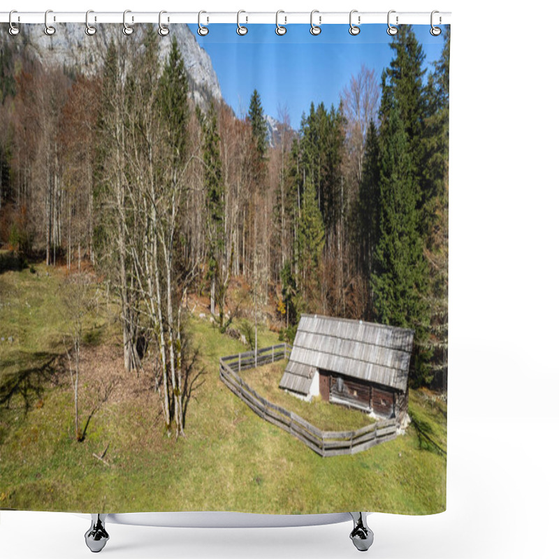 Personality  Old Wooden Hut Stands On A Green Meadow At The Edge Of A Forest In A Mountain Valley Shower Curtains