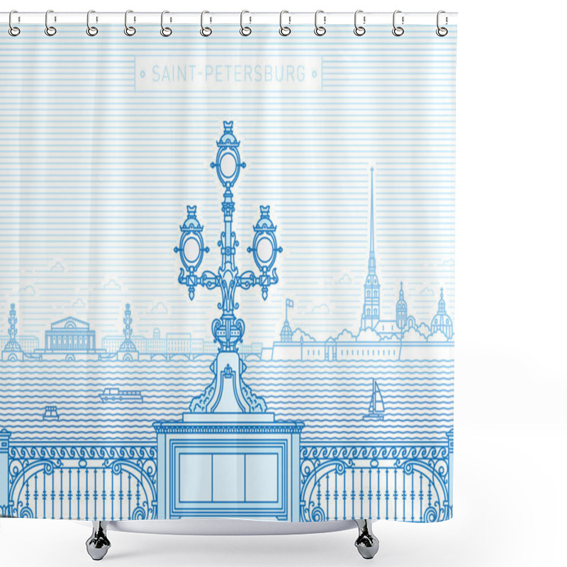 Personality  Saint-Petersburg Troitsky Bridge Panorama Line Art Illustration Shower Curtains