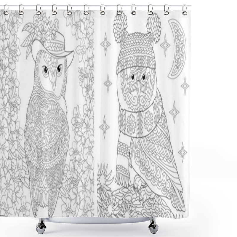 Personality  Coloring Pages. Two Owls In Cute Hats Showing Different Seasons: Spring And Winter. Line Art Design For Adult Colouring Book With Doodle And Zentangle Elements. Vector Illustration. Shower Curtains