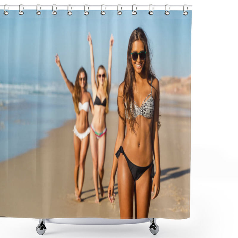 Personality  Three Girls In Swimsuits On The Beach Shower Curtains