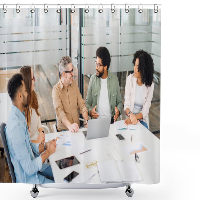 Personality  A Diverse Group Of Colleagues Enjoys A Shared Joke, Creating A Relaxed And Friendly Atmosphere That Fosters Teamwork And Creativity. Friendly And Productive Office Atmosphere Shower Curtains