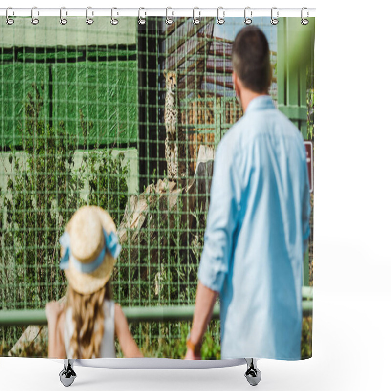 Personality  Selective Focus Of Daughter In Straw Hat And Father Holding Hands While Looking At Leopard In Cage  Shower Curtains