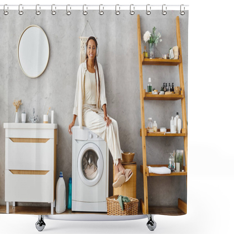 Personality  An African American Woman With Afro Braids Sits Confidently On A Washing Machine Doing Laundry In A Bathroom. Shower Curtains