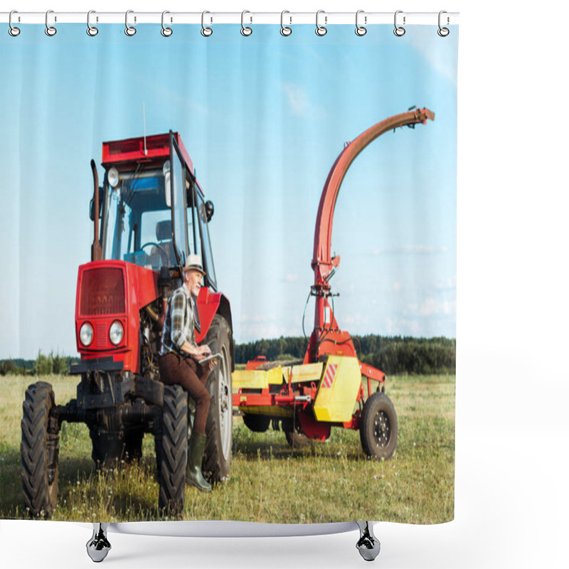 Personality  Senior Farmer Using Digital Tablet Near Red Tractor  Shower Curtains