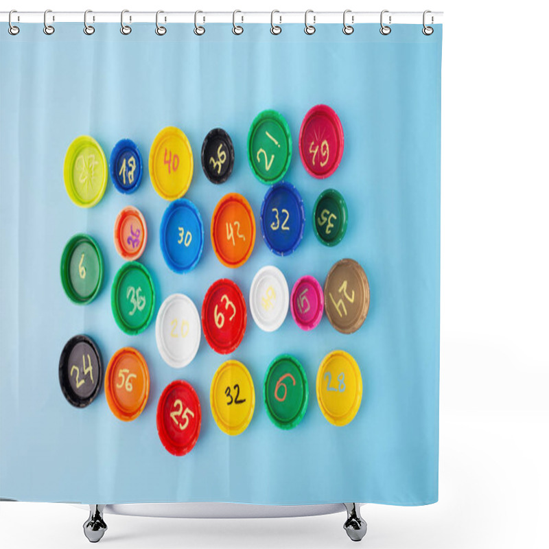 Personality  Colorful Bottle Caps With Multiplication Exercises On Blue Background, Flat Lay Educational Concept, Engaging Math Learning, Classroom Math Activity For Kids, Multiplication Table Practice, Home Math  Shower Curtains