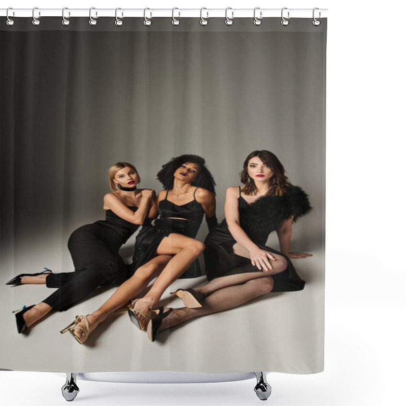 Personality  Group Of Beautiful, Multicultural Women In Black Dresses Posing Elegantly On A Grey Background. Shower Curtains