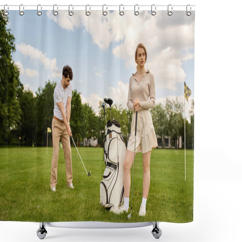 Personality  A Young Couple In Elegant Attire Playing Golf On A Lush Green Field At A Prestigious Club. Shower Curtains