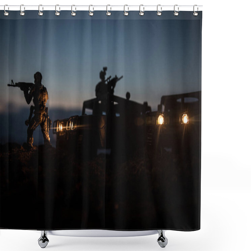 Personality  War Concept. Battle Scene On War Fog Sky Background, Fighting Silhouettes Below Cloudy Skyline At Night. Army Vehicle With Soldiers Artwork Decoration Shower Curtains