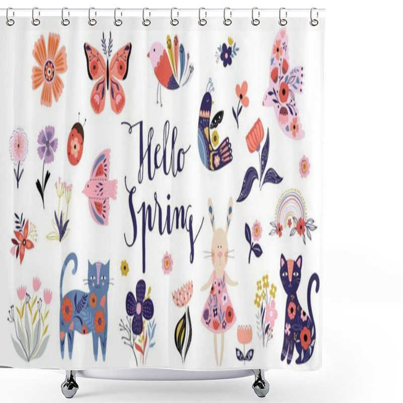 Personality  Hello Spring Collection With Decorative Elements, Folk Style, Seasonal Floral Design Shower Curtains