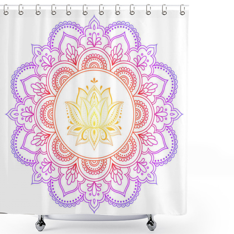 Personality  Circular Pattern In Form Of Mandala With Lotus Flower For Henna, Mehndi, Tattoo, Decoration. Decorative Ornament In Ethnic Oriental Style. Rainbow Pattern On White Background. Shower Curtains