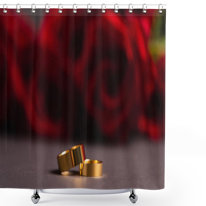 Personality  Golden Wedding Rings With Blurred Roses On Background  Shower Curtains