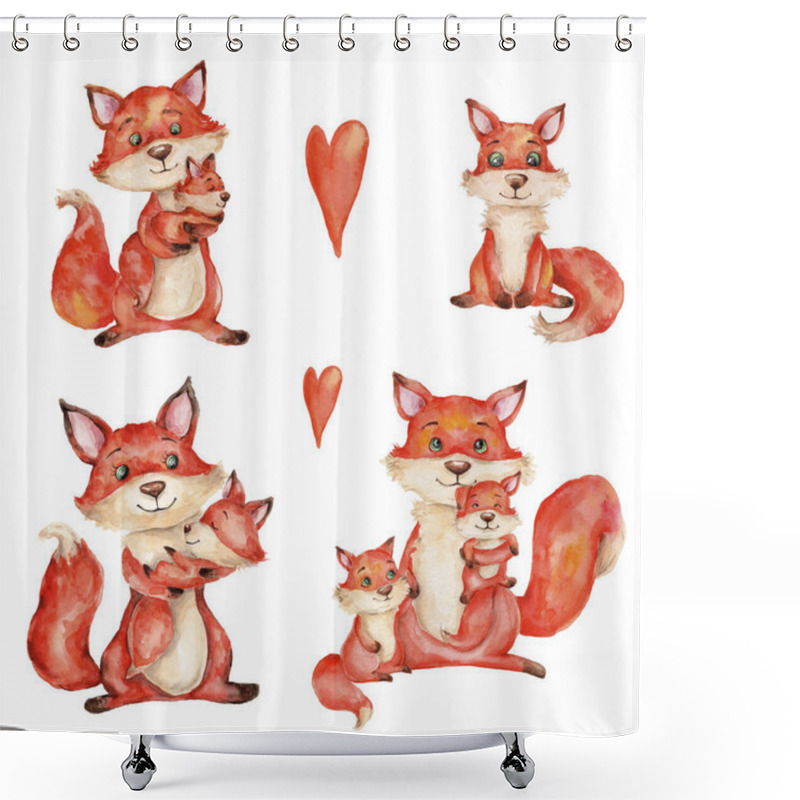 Personality  Watercolor Hand Draw Illustration Set With Mom Fox And Little Baby Fox And Orange Heart, Children Illustration On White Isolated Background Shower Curtains