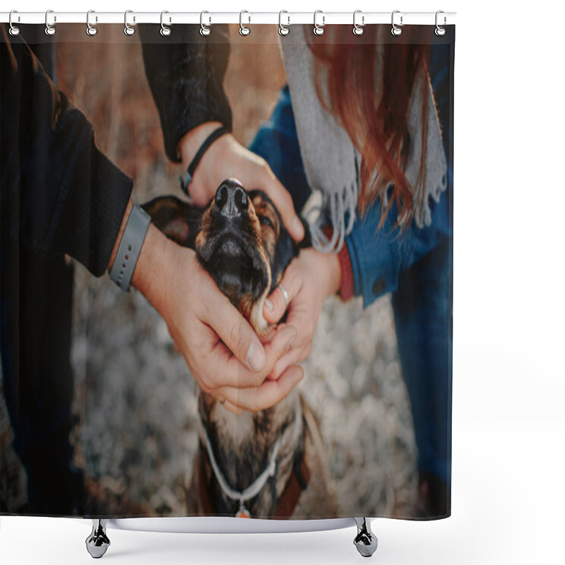 Personality  Owners Caressing Their Mixed Breed Dog Outdoors Shower Curtains