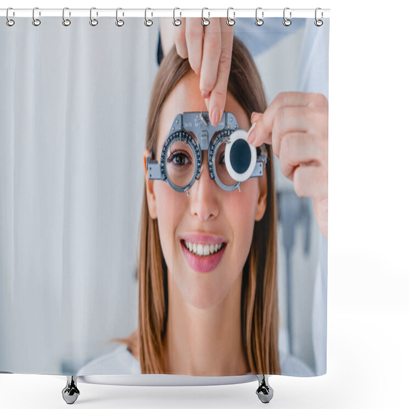 Personality  Close Up Of Doctor Checking Female Patient Vision With Trial Frame At Eye Clinic Shower Curtains