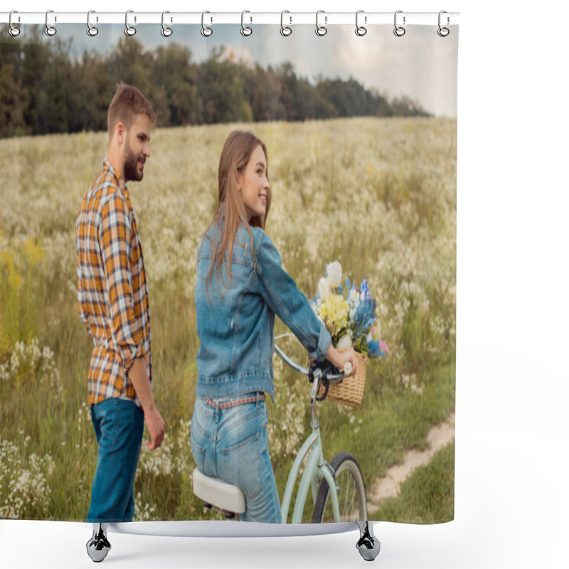 Personality  Side View Of Young Lovers With Retro Bicycle In Field With Wild Flowers Shower Curtains