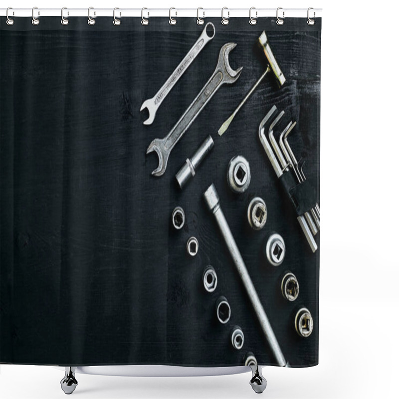 Personality  Set Of Hand Bunch Of Tools In The Garage On Black Wooden Background Shower Curtains