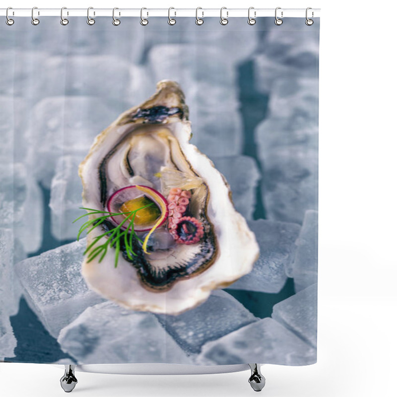 Personality  Fresh Raw Oysters And Lemon On Ice Cubes Shower Curtains