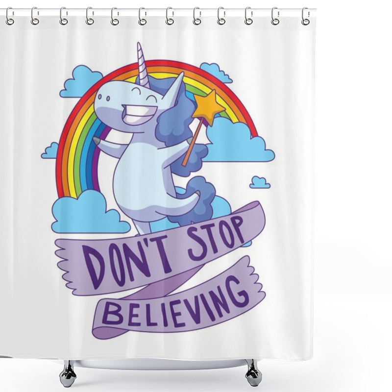 Personality  Emblem, Cute Happy Unicorn With A Wavy Blue Mane Shower Curtains